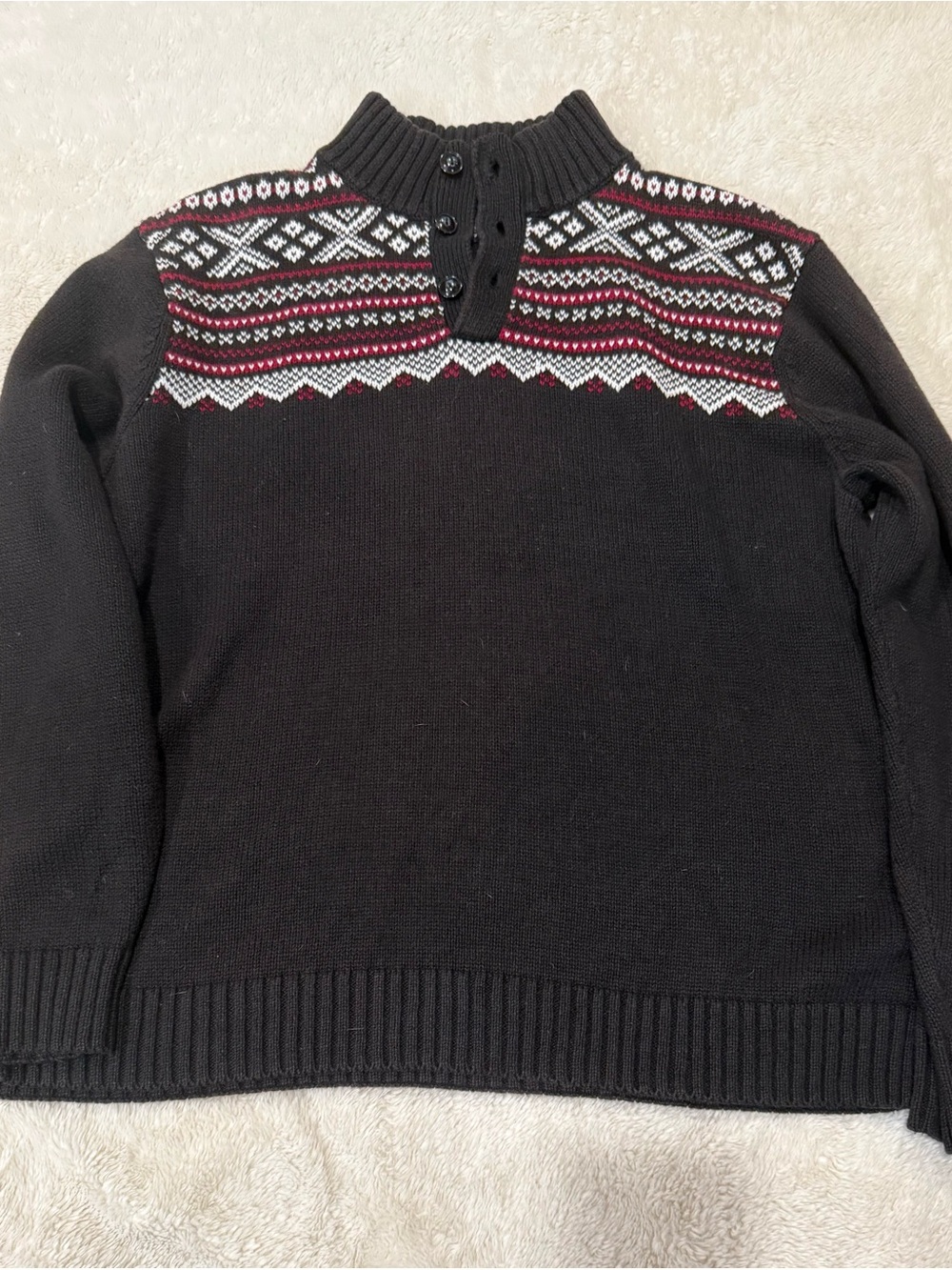 Chaps Black Zip-Up Style Fair Isle Yoke Sweater with Red & White Accents